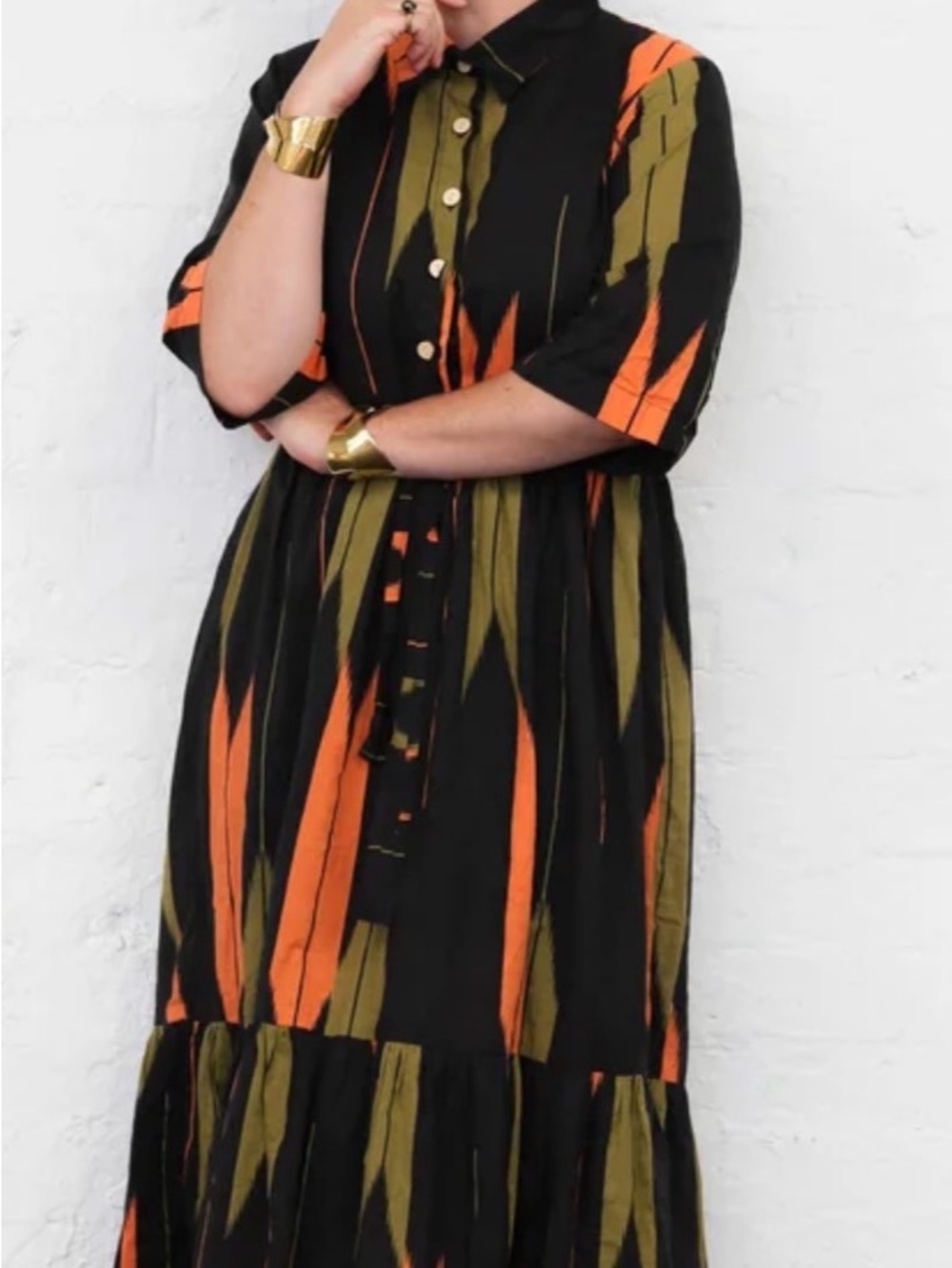 Bel Kazan Maxi Shirt Dress with Orange and Olive Brushstroke Print M worn once